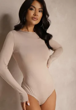 Ciemnobeżowe Casualowe Body Zapinane na Zatrzaski Feriora