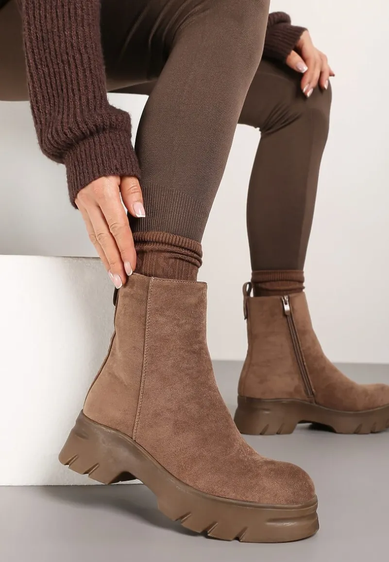 Ciemnobeżowe Casualowe Botki z Ekozamszu na Platformie Naolara