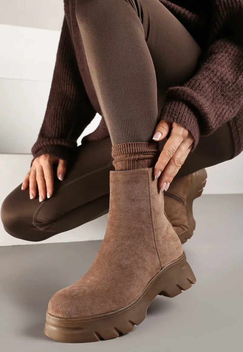 Ciemnobeżowe Casualowe Botki z Ekozamszu na Platformie Naolara