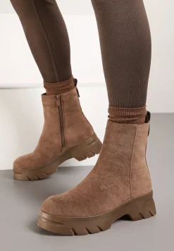 Ciemnobeżowe Casualowe Botki z Ekozamszu na Platformie Naolara