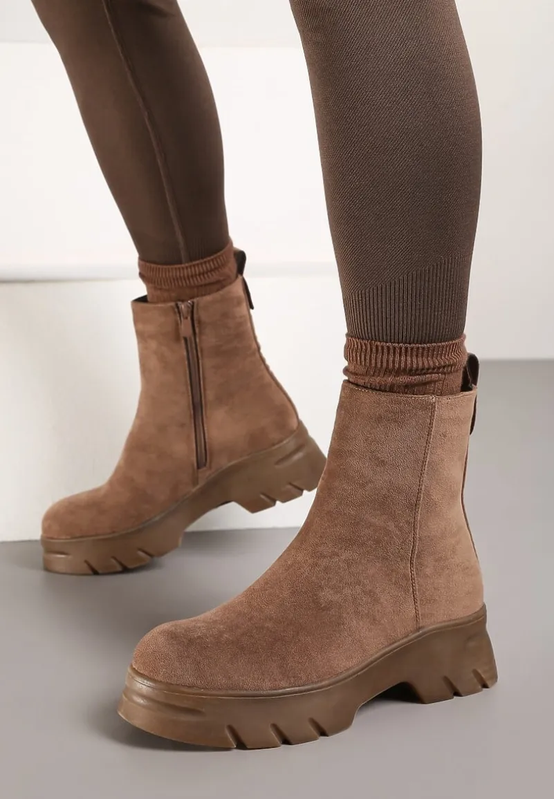 Ciemnobeżowe Casualowe Botki z Ekozamszu na Platformie Naolara