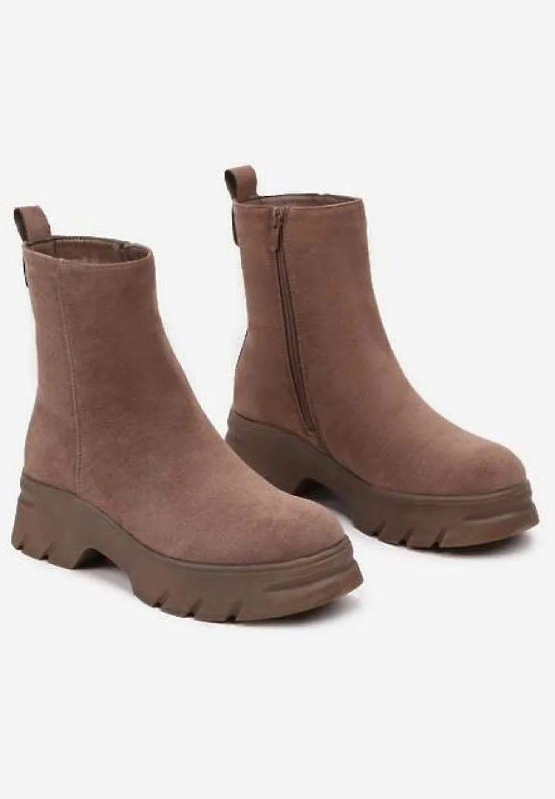 Ciemnobeżowe Casualowe Botki z Ekozamszu na Platformie Naolara