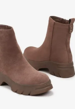Ciemnobeżowe Casualowe Botki z Ekozamszu na Platformie Naolara