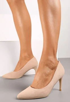 Ciemnobeżowe Casualowe Czółenka na Szpilce z Wkładką ze Skóry Naturalnej Cleinae