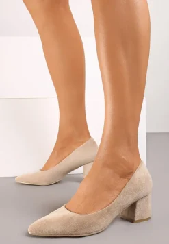 Ciemnobeżowe Casualowe Czółenka na Słupku z Wkładką ze Skóry Naturalnej Rieris