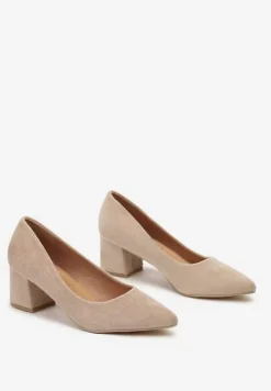 Ciemnobeżowe Casualowe Czółenka na Słupku z Wkładką ze Skóry Naturalnej Rieris