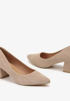 Ciemnobeżowe Casualowe Czółenka na Słupku z Wkładką ze Skóry Naturalnej Rieris