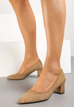 Ciemnobeżowe Casualowe Czółenka na Słupku Bastien