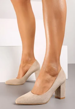 Ciemnobeżowe Casualowe Czółenka na Słupku z Wkładką ze Skóry Naturalnej Maidra