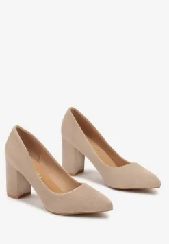 Ciemnobeżowe Casualowe Czółenka na Słupku z Wkładką ze Skóry Naturalnej Maidra