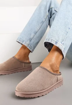 Ciemnobeżowe Casualowe Kapcie na Płaskiej Podeszwie z Futerkiem Peccaria