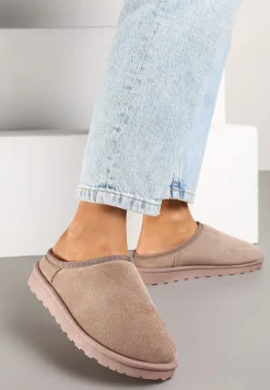 Ciemnobeżowe Casualowe Kapcie na Płaskiej Podeszwie z Futerkiem Peccaria