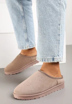 Ciemnobeżowe Casualowe Kapcie na Płaskiej Podeszwie z Futerkiem Peccaria