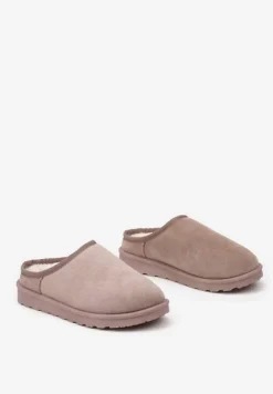Ciemnobeżowe Casualowe Kapcie na Płaskiej Podeszwie z Futerkiem Peccaria