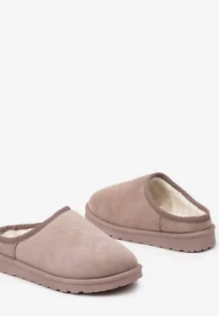 Ciemnobeżowe Casualowe Kapcie na Płaskiej Podeszwie z Futerkiem Peccaria