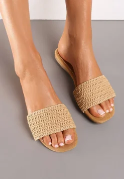 Ciemnobeżowe Casualowe Klapki na Płaskiej Podeszwie z Paskiem w Stylu Boho Moonvelia