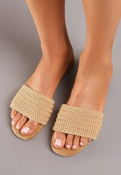 Ciemnobeżowe Casualowe Klapki na Płaskiej Podeszwie z Paskiem w Stylu Boho Moonvelia