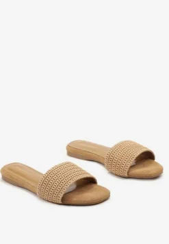 Ciemnobeżowe Casualowe Klapki na Płaskiej Podeszwie z Paskiem w Stylu Boho Moonvelia