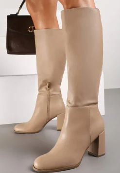 Ciemnobeżowe Casualowe Kozaki na Słupku Zindelina