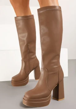 Ciemnobeżowe Casualowe Kozaki na Słupku i Platformie z Dopasowaną Cholewką Leanirael