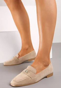 Ciemnobeżowe Casualowe Płaskie Mokasyny z Ozdobnym Paskiem Morafa