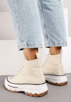 Ciemnobeżowe Casualowe Trampki za Kostkę na Grubej Platformie Tiaelina