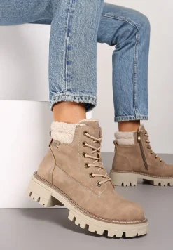 Ciemnobeżowe Casualowe Traperki na Grubej Podeszwie z Futerkowymi Wstawkami Daisira