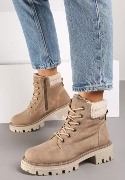 Ciemnobeżowe Casualowe Traperki na Grubej Podeszwie z Futerkowymi Wstawkami Daisira