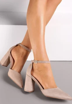 Ciemnobeżowe Czółenka na Słupku ze Szpiczastym Noskiem Kaylynn