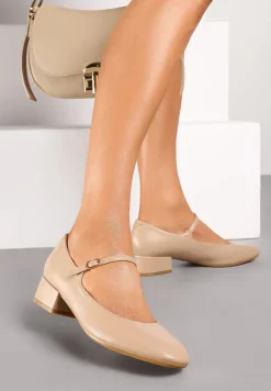 Ciemnobeżowe Czółenka na Słupku Mary Jane Ozdobione Paskami Omevira