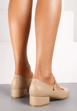 Ciemnobeżowe Czółenka na Słupku Mary Jane Ozdobione Paskami Omevira