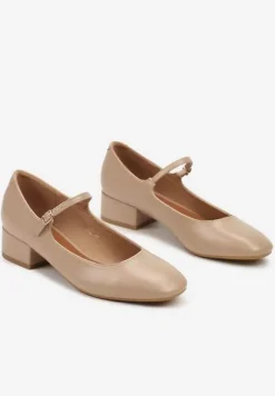 Ciemnobeżowe Czółenka na Słupku Mary Jane Ozdobione Paskami Omevira