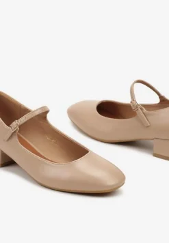 Ciemnobeżowe Czółenka na Słupku Mary Jane Ozdobione Paskami Omevira