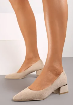 Ciemnobeżowe Czółenka na Słupku z Wkładką ze Skóry Naturalnej i Szpiczastym Noskiem Tialani