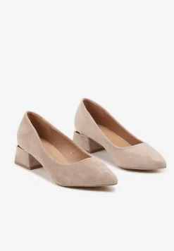 Ciemnobeżowe Czółenka na Słupku z Wkładką ze Skóry Naturalnej i Szpiczastym Noskiem Tialani