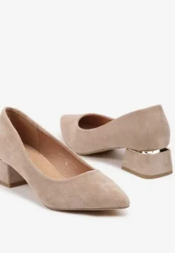 Ciemnobeżowe Czółenka na Słupku z Wkładką ze Skóry Naturalnej i Szpiczastym Noskiem Tialani