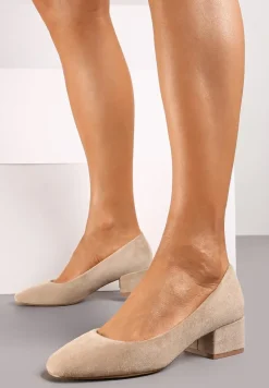 Ciemnobeżowe Czółenka na Słupku ze Skórzaną Wkładką Savirae