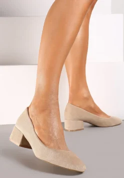 Ciemnobeżowe Czółenka na Słupku ze Skórzaną Wkładką Savirae