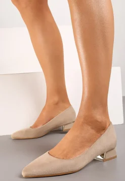 Ciemnobeżowe Czółenka na Słupku Ozdobione Metaliczną Ozdobą Panesha