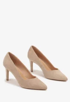 Ciemnobeżowe Czółenka Szpilki z Wkładką ze Skóry Naturalnej ze Szpiczastym Noskiem Mairisse