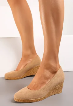 Ciemnobeżowe Czółenka Vices na Plecionym Koturnie ze Skórzaną Wkładką Ebersa