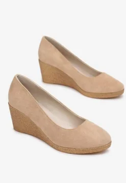 Ciemnobeżowe Czółenka Vices na Plecionym Koturnie ze Skórzaną Wkładką Ebersa