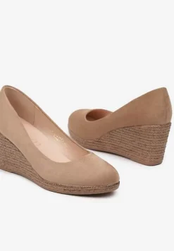 Ciemnobeżowe Czółenka Vices na Koturnie z Błyszczącej Plecionki ze Skórzaną Wkładką Utruste