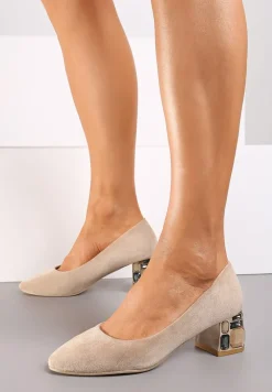 Ciemnobeżowe Czółenka Vices z Wkładką ze Skóry Naturalnej na Ozdobnym Słupku Nailise