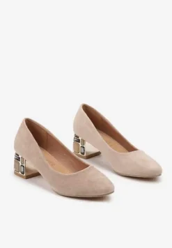 Ciemnobeżowe Czółenka Vices z Wkładką ze Skóry Naturalnej na Ozdobnym Słupku Nailise