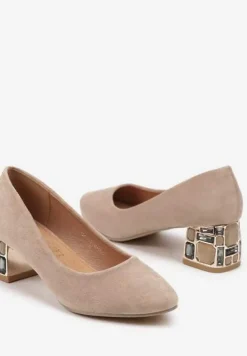 Ciemnobeżowe Czółenka Vices z Wkładką ze Skóry Naturalnej na Ozdobnym Słupku Nailise