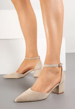 Ciemnobeżowe Czółenka Vices na Słupku z Wkładką ze Skóry Naturalnej Seathra