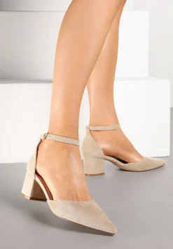 Ciemnobeżowe Czółenka Vices na Słupku z Wkładką ze Skóry Naturalnej Seathra