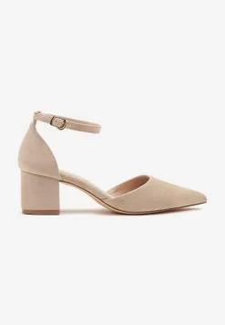 Ciemnobeżowe Czółenka Vices na Słupku z Wkładką ze Skóry Naturalnej Seathra