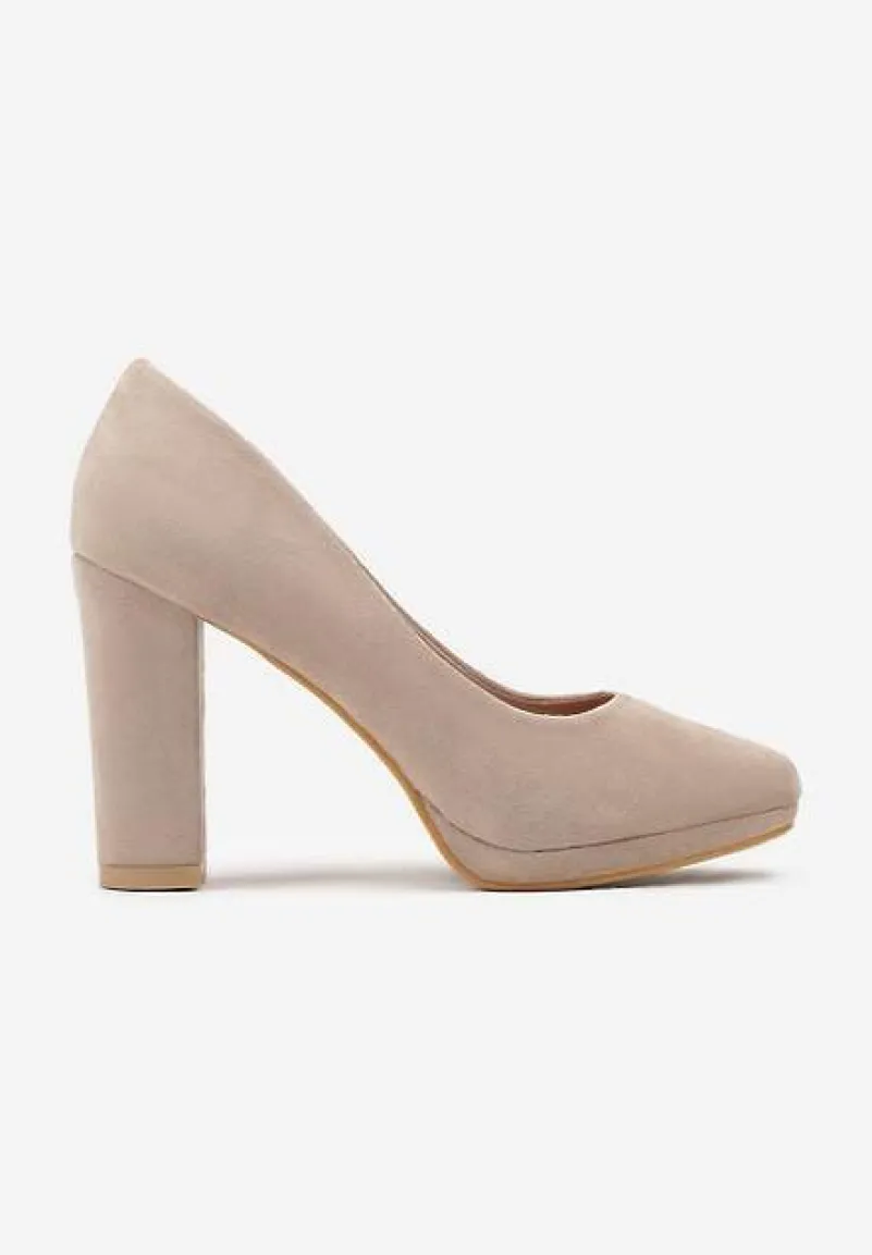 Ciemnobeżowe Czółenka Vices na Słupku ze Skórzaną Wkładką Linariah